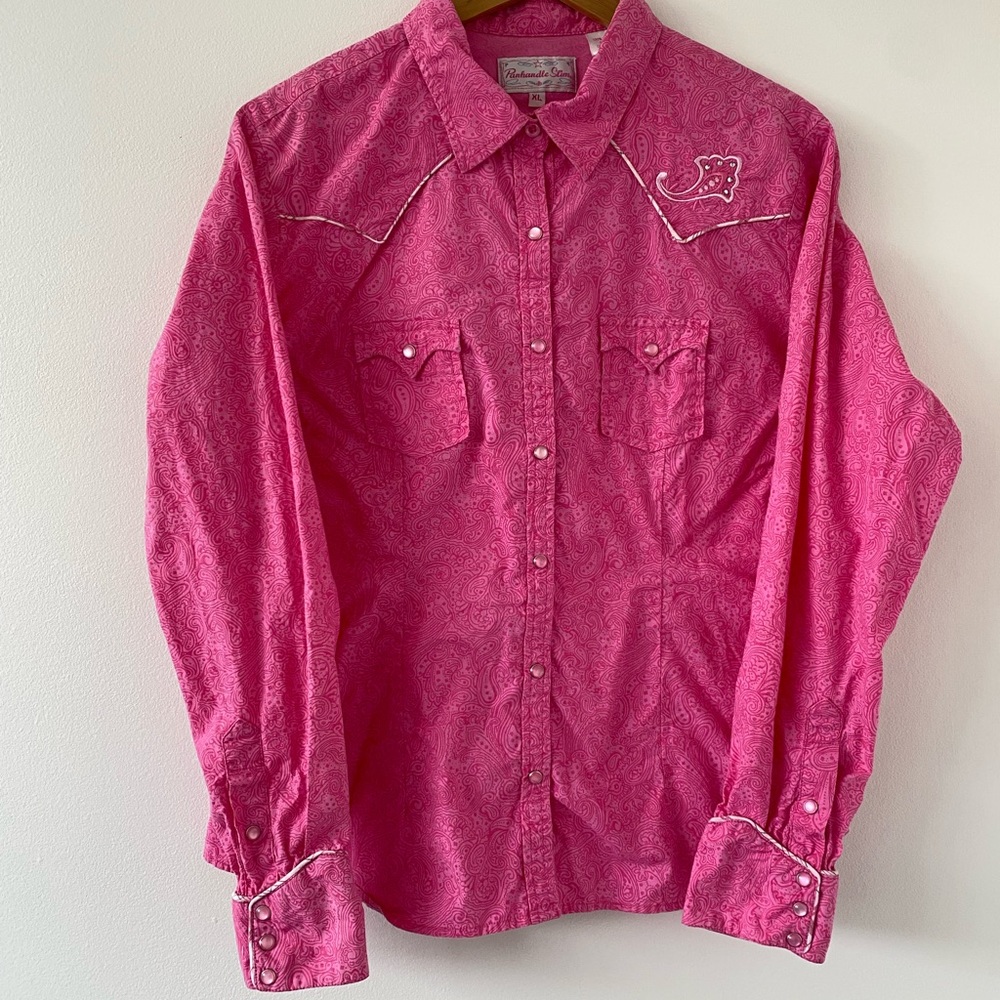 Western Barbie Pink Panhandle Slim Pearl Snap Embroidered  Shirt L/XL Rodeo